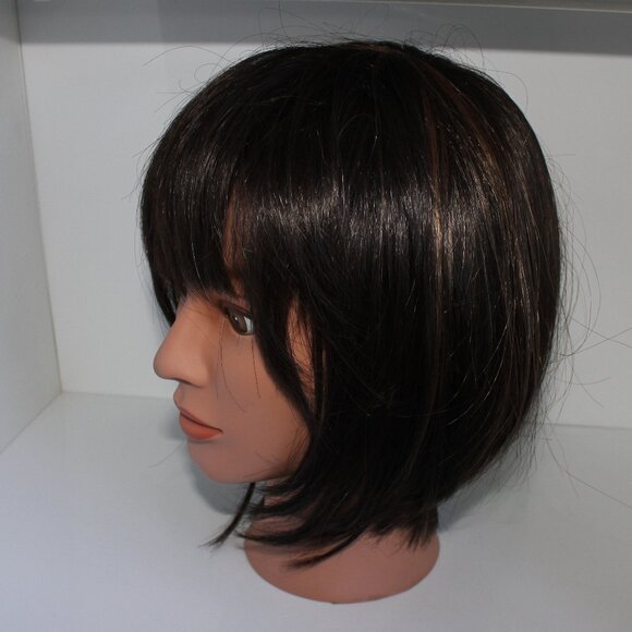 Synthetic Fiber Short Straight Brown W/Highlights Bob Wig With Bangs - Picture 2 of 11